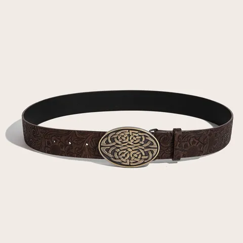 Retro American Western Style Embossed PU Leather Belt Vintage Oval Metal Buckle Wide Waistband For Denim Outfits