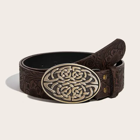 Retro American Western Style Embossed PU Leather Belt Vintage Oval Metal Buckle Wide Waistband For Denim Outfits