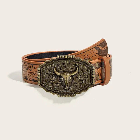Unisex Retro Western Cowboy PU Leather Belt Bull Head Embossed Metal Buckle Casual Waist Belt For Men Women Accessories