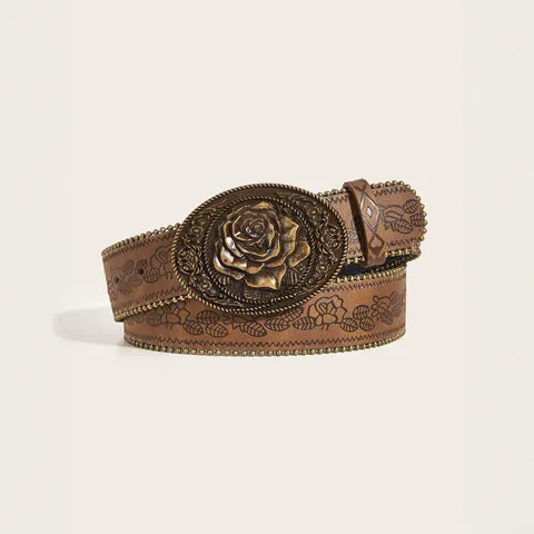 Dames Vintage Western PU Leren Riem Rozen Gesneden Legering Gesp Retro Tailleband Casual Mode Jeans Riem
