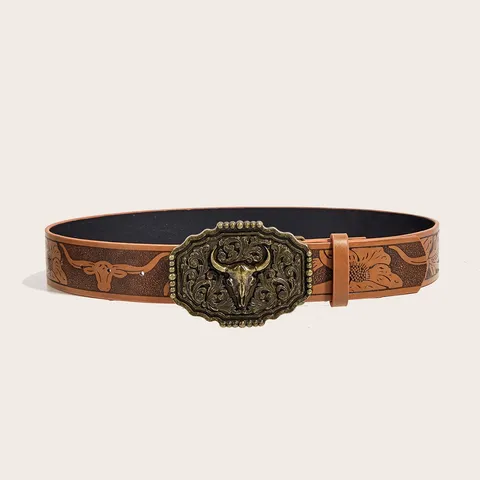 Unisex Retro Western Cowboy PU Leather Belt Bull Head Embossed Metal Buckle Casual Waist Belt For Men Women Accessories