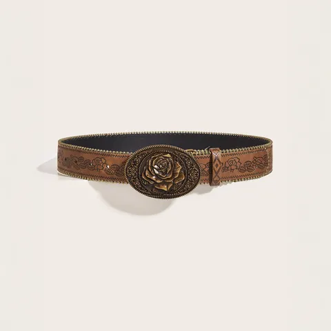 Dames Vintage Western PU Leren Riem Rozen Gesneden Legering Gesp Retro Tailleband Casual Mode Jeans Riem
