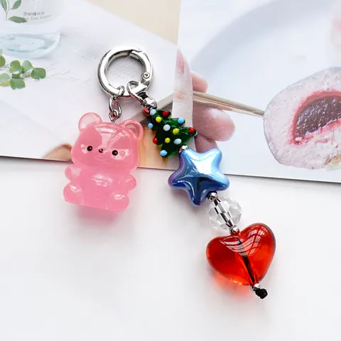 Süßer Sitzender Bär Schlüsselanhänger Mit Stern Herz Smiley Perlen Acryl Taschenanhänger Handy Zubehör Für Damen Mädchen Geschenk