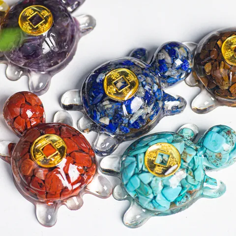 Handcrafted Resin Natural Crystal Chip Turtle Statue Wealth Money Coin Figurine Feng Shui Home Decor Lucky Mascot Ornament