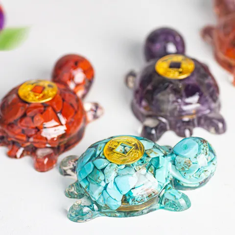 Handcrafted Resin Natural Crystal Chip Turtle Statue Wealth Money Coin Figurine Feng Shui Home Decor Lucky Mascot Ornament