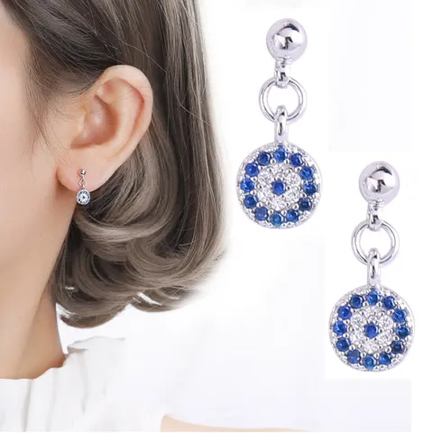 Pendientes de Botón Ojo del Mal Turquía Cobre Circonia Azul Pendientes Nicho Geométrico Redondo Bola Piedra Azul Pendientes Colgantes Para Hombres Mujeres Joyería de Moda