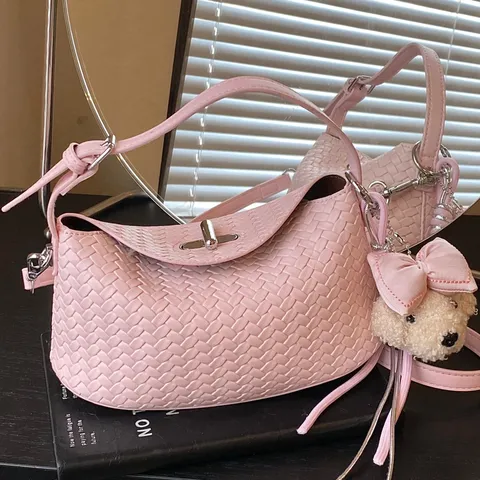 Women Vintage Woven PU Leather Underarm Bag Fashion Solid Color Shoulder Crossbody Bag With Metal Lock Handbag
