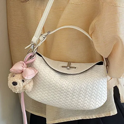 Women Vintage Woven PU Leather Underarm Bag Fashion Solid Color Shoulder Crossbody Bag With Metal Lock Handbag