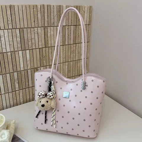 Women Large Capacity Polka Dot Tote Bag PU Leather Casual Commuter Shoulder Bag With Cute Pendant Handbag