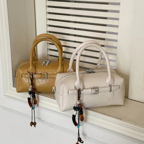 Women Fashion PU Leather Boston Pillow Bag With Beaded Pendant Urban Simplicity Crossbody Shoulder Handbag For Daily Office Work Small Versatile Tote Bag