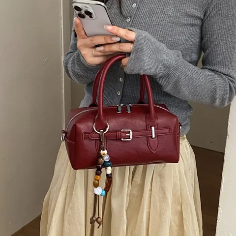 Women Fashion PU Leather Boston Pillow Bag With Beaded Pendant Urban Simplicity Crossbody Shoulder Handbag For Daily Office Work Small Versatile Tote Bag