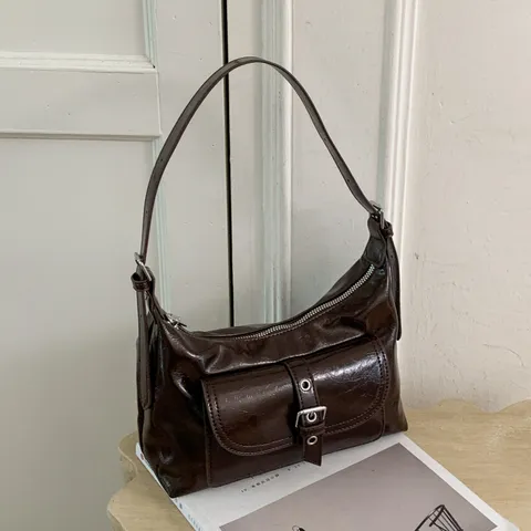 Women French Vintage Glossy PU Leather Underarm Bag Small Minimalist Shoulder Bag With Front Buckle Pocket Chic Handbag