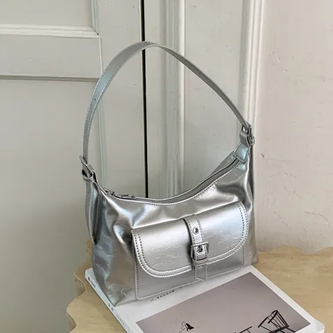 Women French Vintage Glossy PU Leather Underarm Bag Small Minimalist Shoulder Bag With Front Buckle Pocket Chic Handbag