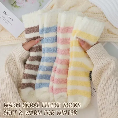 Women Coral Fleece Socks Winter Warm Thickened Striped Floor Socks Anti-Slip Fuzzy Sleep Socks For Pregnant Women Home Wear