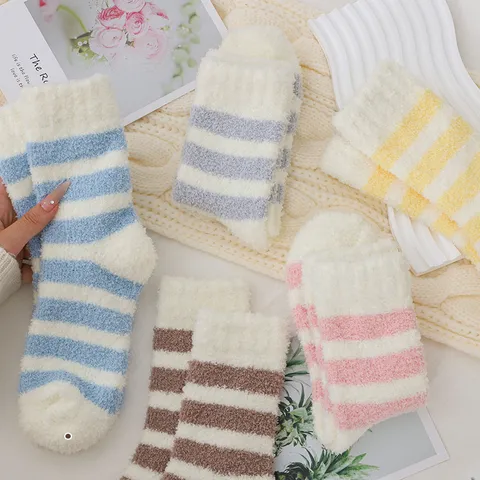 Women Coral Fleece Socks Winter Warm Thickened Striped Floor Socks Anti-Slip Fuzzy Sleep Socks For Pregnant Women Home Wear