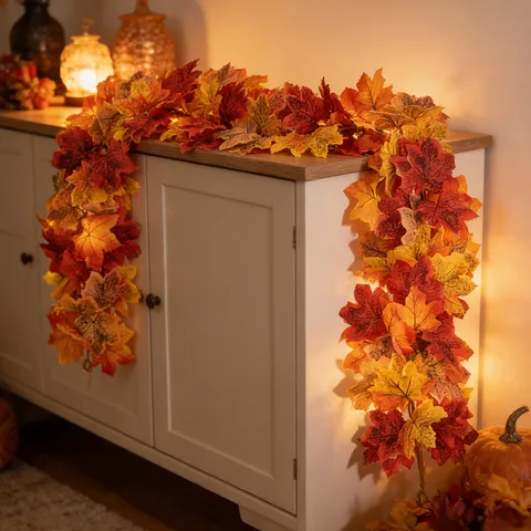Artificial Maple Leaf Garland Fall Vine Leaves Decoration For Halloween Thanksgiving Hanging Autumn Foliage For Porch Window Yard Home Decor Decor