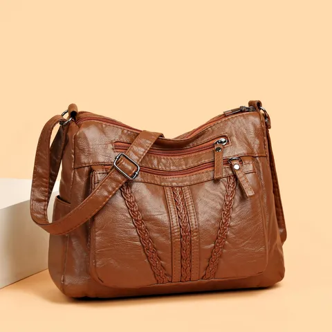 Women Large Capacity Tote Bag PU Leather Casual Crossbody Shoulder Bag Multiple Zipper Pockets Fashion Handbag