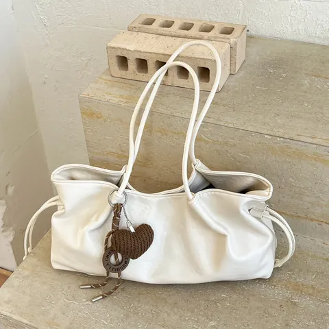 Large Capacity Tote Bag For Women PU Leather Retro Casual Shoulder Crossbody Bag With Drawstring And Cute Charm