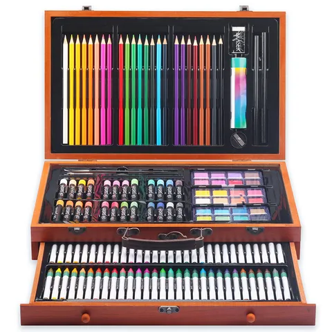 Set d'Arte Professionale in Scatola di Legno Strumenti da Disegno Matite Colorate Pastelli Colori ad Acquerello
