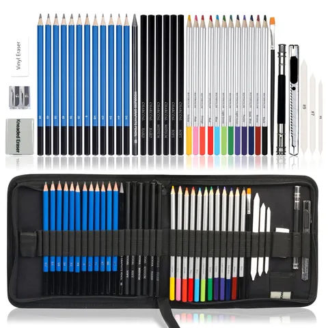 Kit professionale di matite per schizzi e disegno con matite a carbone, matite acquerellabili e astuccio nero portatile con cerniera
