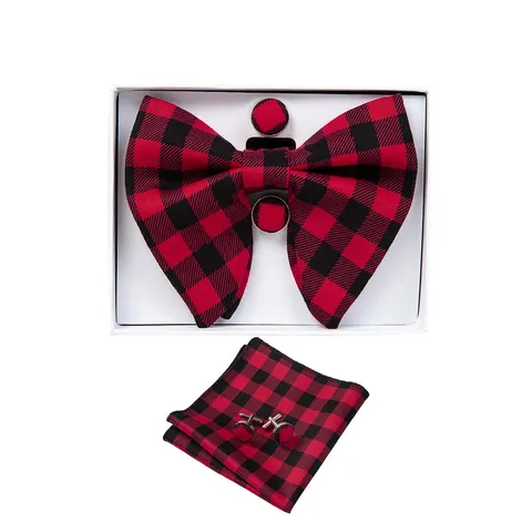 Herren Baumwolle Fliege Einstecktuch Manschettenknöpfe Set Klassisches Karomuster Formelle Hochzeit Anzug Accessoires Geschenk