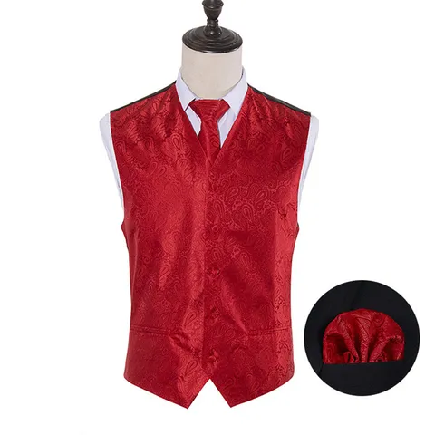 Herren Britischer Stil Paisley Polyester Seide Weste Krawatte Einstecktuch Set Slim Fit Business Hochzeit Party Weste Set Für Herren Formelle Accessoires