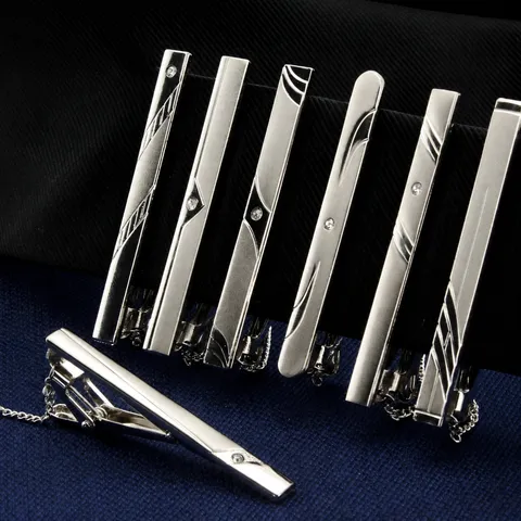 Men's Business Formal Silver Geometric Tie Clip Minimalist Fashion Metal Tie Pin With Chain And Rhinestone Accessories