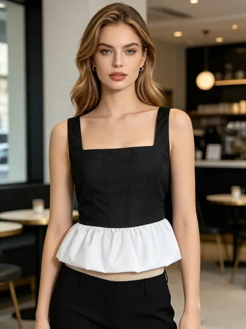 Top de Tirantes Peplum de Patchwork con Cuello Cuadrado para Mujer Sin Mangas Espalda Fruncida Dobladillo Plisado Corte Ajustado