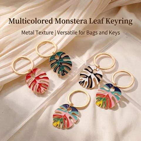 Bohemian Tropical Monstera Leaf Keychain Drip Oil Colorful Plant Leaf Metal Key Ring For Women Bag Pendant Charm Accessory Gift
