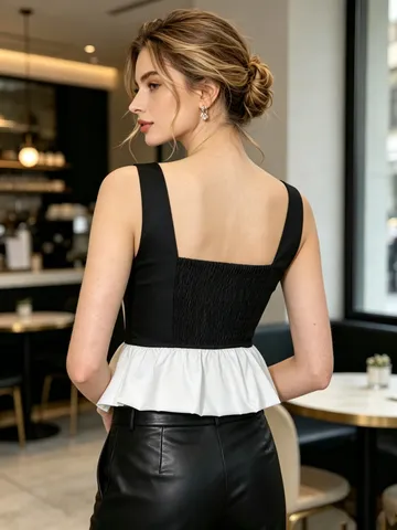 Top de Tirantes Peplum de Patchwork con Cuello Cuadrado para Mujer Sin Mangas Espalda Fruncida Dobladillo Plisado Corte Ajustado