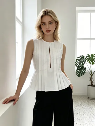 Top Elegante de Algodón Plisado Sin Mangas para Mujer con Abertura Frontal Lazo en la Espalda Peplum Blusa Color Sólido Ajustado