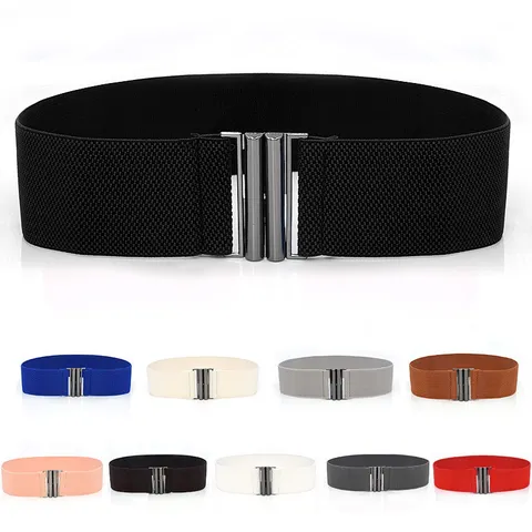 Women Wide Elastic Waist Belt Vintage Stretch Cinch Belt Dress Coat Waistband Interlocking Metal Buckle Fashion Accessories