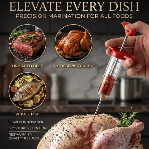 Kitchen Turkey Marinade Injector Syringe For BBQ Cooking Meat Poultry Flavoring Tool With Stainless Steel Needle Red Handle Gadget
