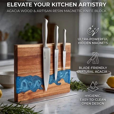Bloc à Couteaux Magnétique Bois d'Acacia Résine Art Porte Couteau Avec Base en Acier Inoxydable Rangement Cuisine Organisateur