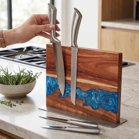 Bloc à Couteaux Magnétique Bois d'Acacia Résine Art Porte Couteau Avec Base en Acier Inoxydable Rangement Cuisine Organisateur