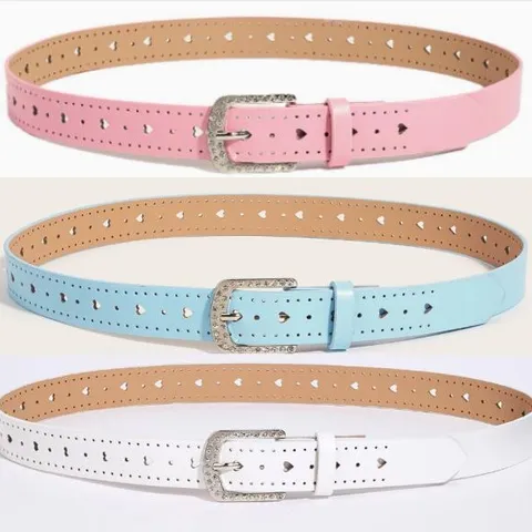 Women's Fashion PU Leather Belt Vintage Casual Heart Cutout Rhinestone Buckle Waist Belt for Jeans Dresses