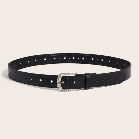 Women's Fashion PU Leather Belt Vintage Casual Heart Cutout Rhinestone Buckle Waist Belt for Jeans Dresses