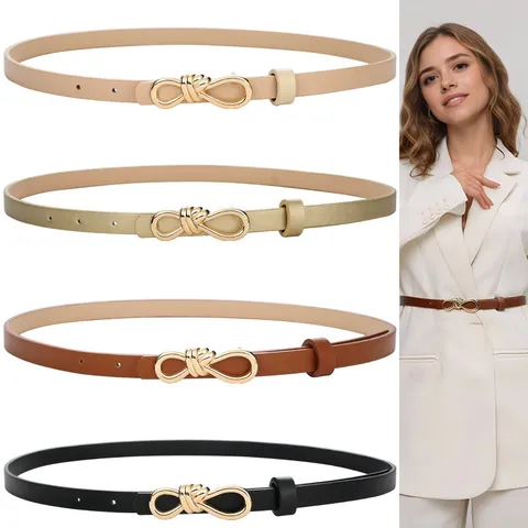 Women Fashion PU Leather Belt Minimalist Metal Knot Dress Jeans Decorative Waistband Chic Daily Accessories