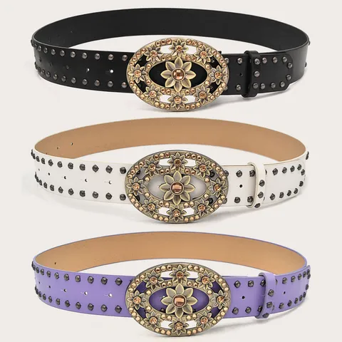 Women Retro PU Leather Belt Floral Rhinestone Inlaid Smooth Buckle Metal Rivet Decorative Waist Belt Fashion Accessories