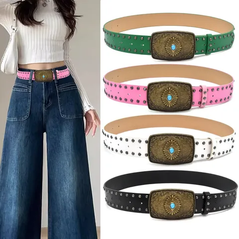 Vintage Palace Ethnic Wide Belt Women Retro Carved Buckle PU Leather Corset Waist Band Fashion Waistwear