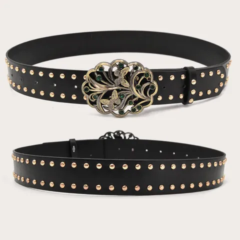Women PU Leather Wide Belt Y2K Punk Vintage Waist Belt With Metal Rivets Rhinestone Butterfly Buckle Fashion