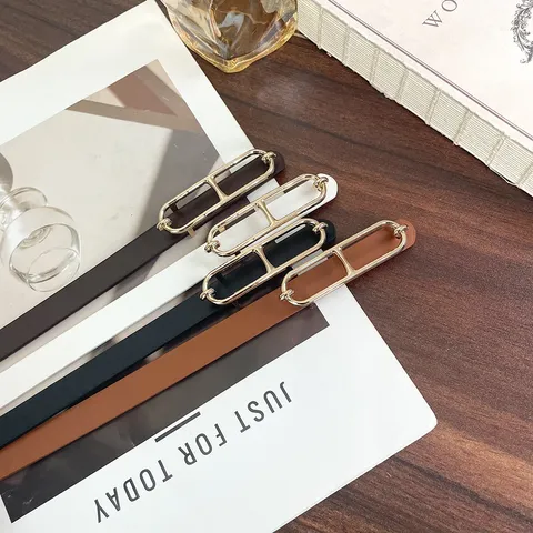 Women's Versatile Thin PU Leather Belt Fashion Simple Decorative Waistband Elegant Metal Buckle Dress Belt