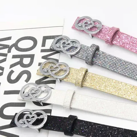 Women Fashion PU Leather Waist Belt Rhinestone Heart Interlocking Buckle Sparkly Sequin Belt For Dress Jeans Daily Accessories