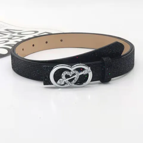 Women Fashion PU Leather Waist Belt Rhinestone Heart Interlocking Buckle Sparkly Sequin Belt For Dress Jeans Daily Accessories