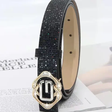 Women Fashion PU Leather Waist Belt Rhinestone Sequins Shiny Casual Dress Jeans Decorative Waistband Accessories