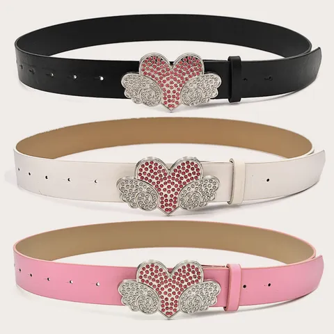 Y2K Trendy Rhinestone Heart Wing Buckle PU Leather Belt For Women Fashion Casual Waist Belt Jeans Dress Accessories