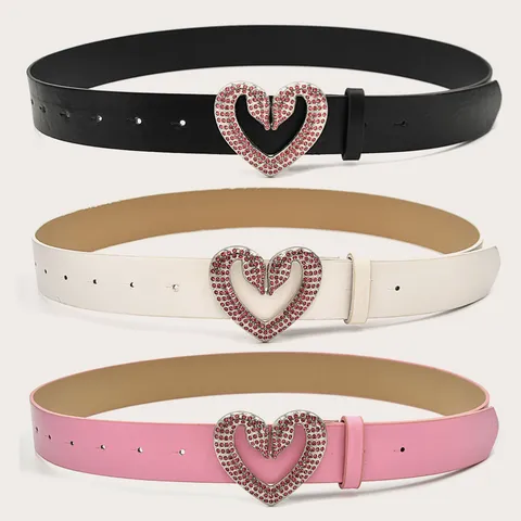 Women Fashion PU Leather Belt Rhinestone Heart Buckle Casual Jeans Dress Waist Belt Accessories