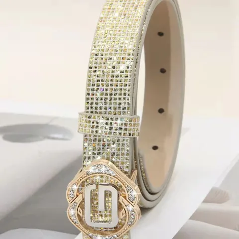 Women Fashion PU Leather Waist Belt Rhinestone Sequins Shiny Casual Dress Jeans Decorative Waistband Accessories