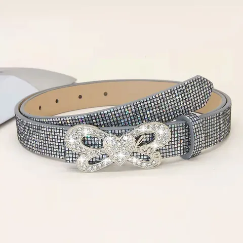Women Rhinestone PU Leather Belt Fashion Shiny Diamante Bow Cross Heart Buckle Waist Belt For Dress Jeans Daily Jewelry