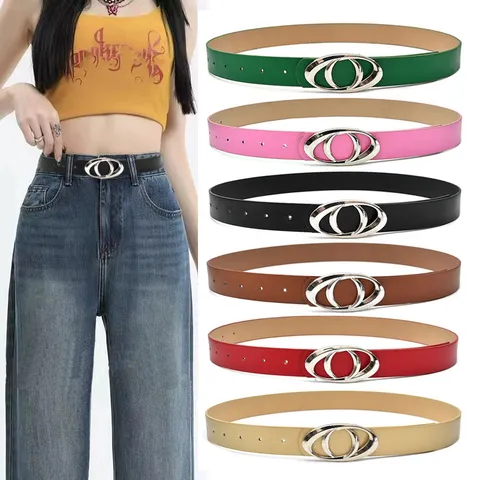Women's Y2K Fashion PU Leather Belt Oval Double Ring Metal Buckle Casual Daily Waist Belt Jeans Dress Accessories